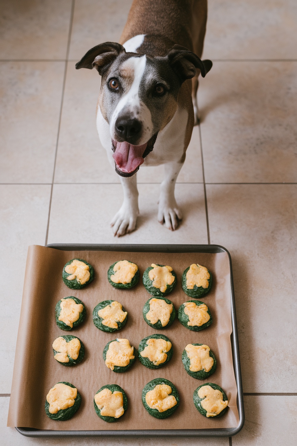 A happy dog standing beside a tray of cheesy spinach snacks.