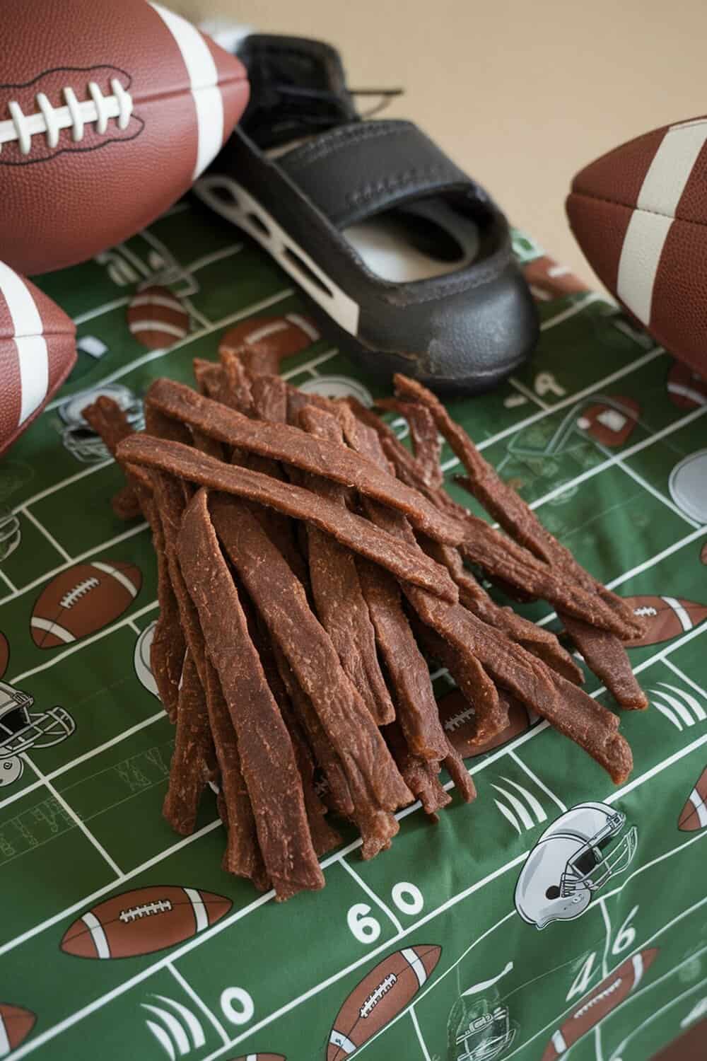 A pile of beef jerky strips on a football-themed tablecloth with footballs and a shoe.