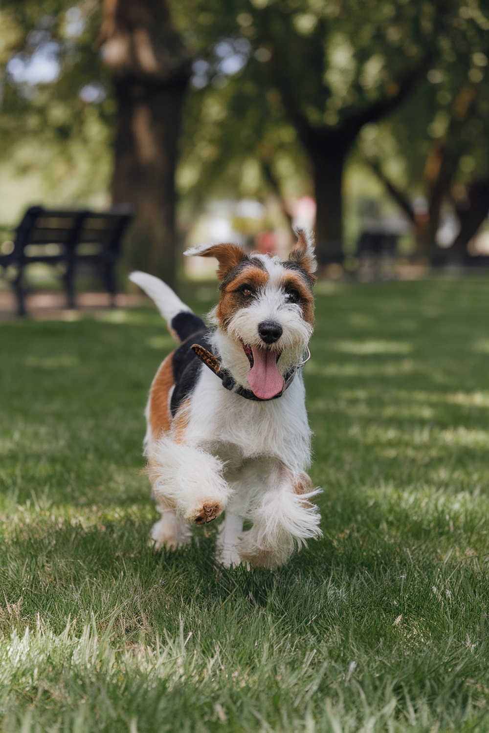 A happy Tenterfield Terrier running in a park.