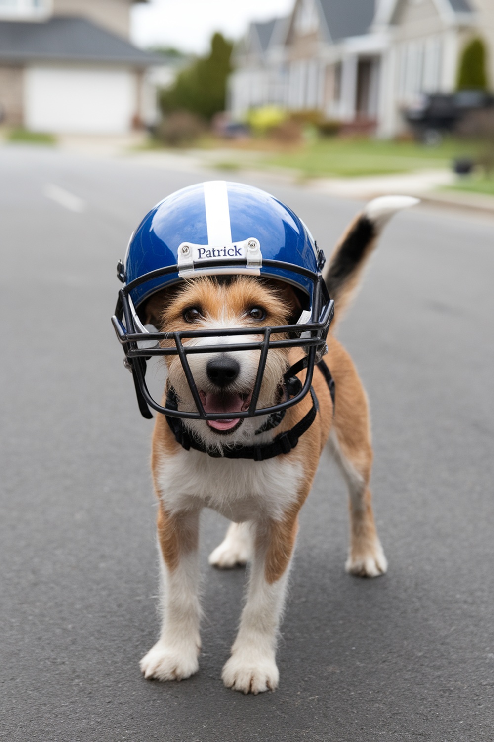 A spirited terrier dog wearing a blue football helmet with the name Patrick on it, standing on a street.