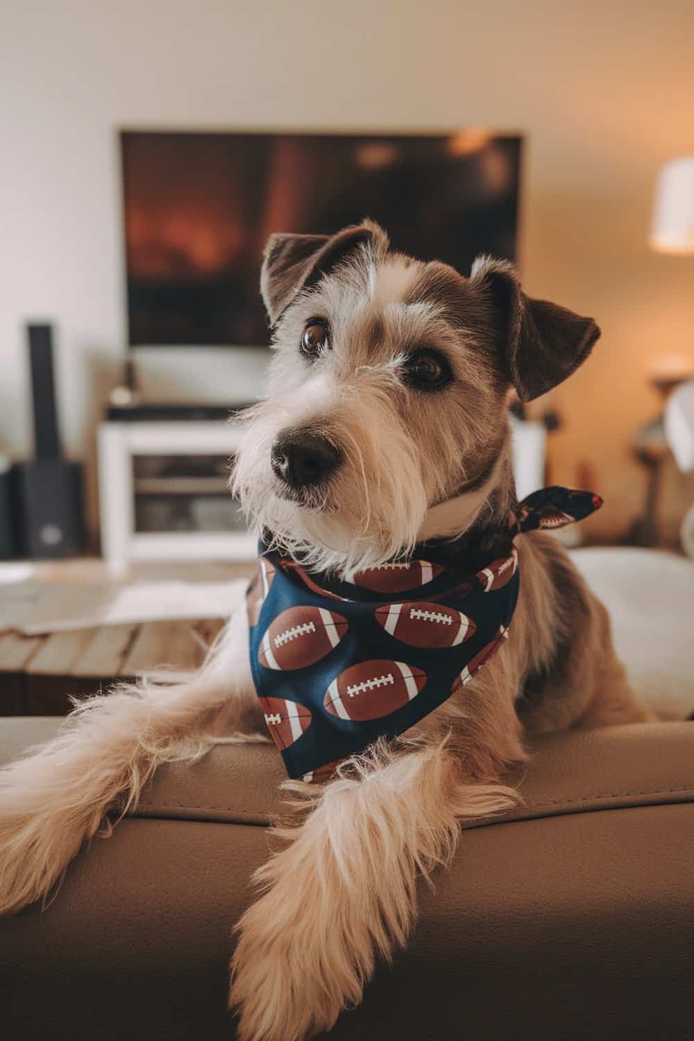 A terrier dog wearing a blue bandana with football patterns, lounging on a couch.