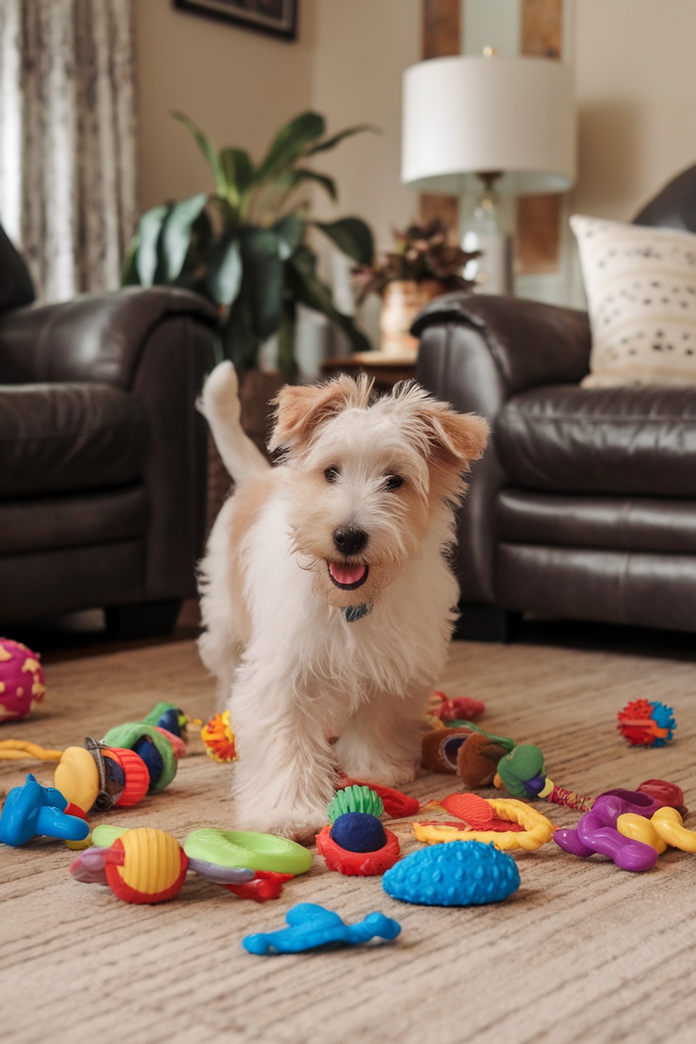 A Wheaten Terrier puppy playing with colorful toys on a carpet.