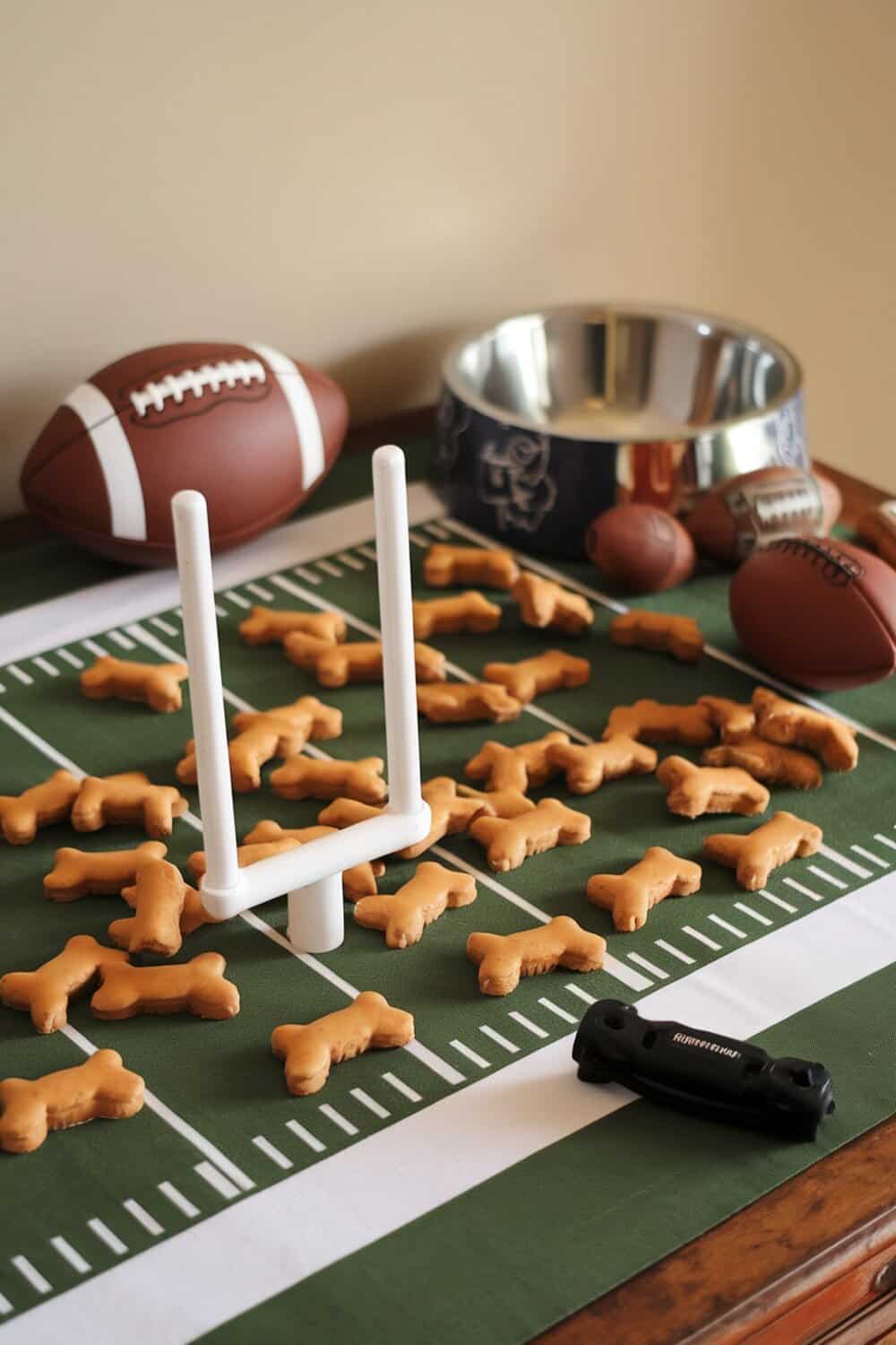 A table set with football-themed dog treats shaped like bones, a football, and a dog bowl.