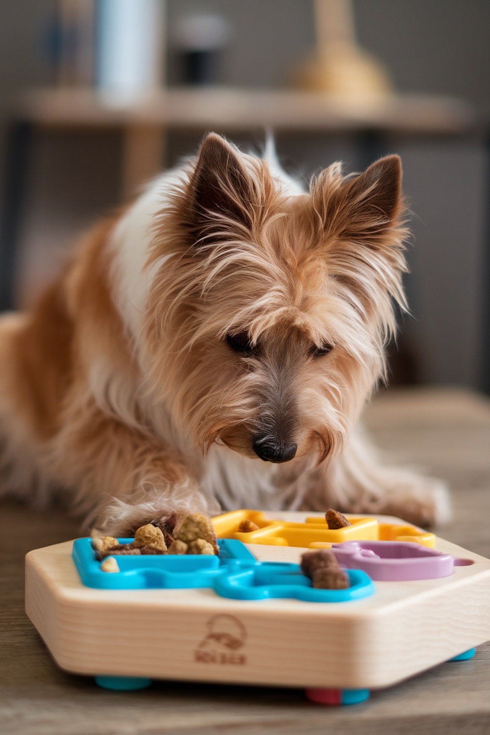A Cairn Terrier focused on a colorful puzzle feeder, showcasing its need for mental stimulation.