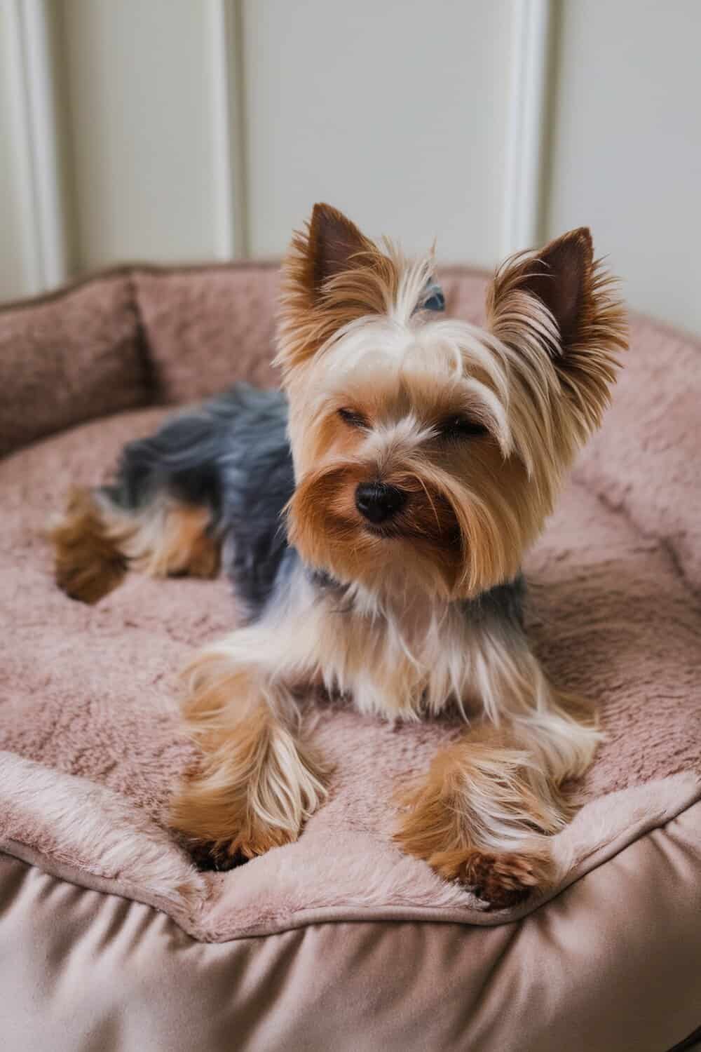 A Yorkshire Terrier resting on a plush dog bed.