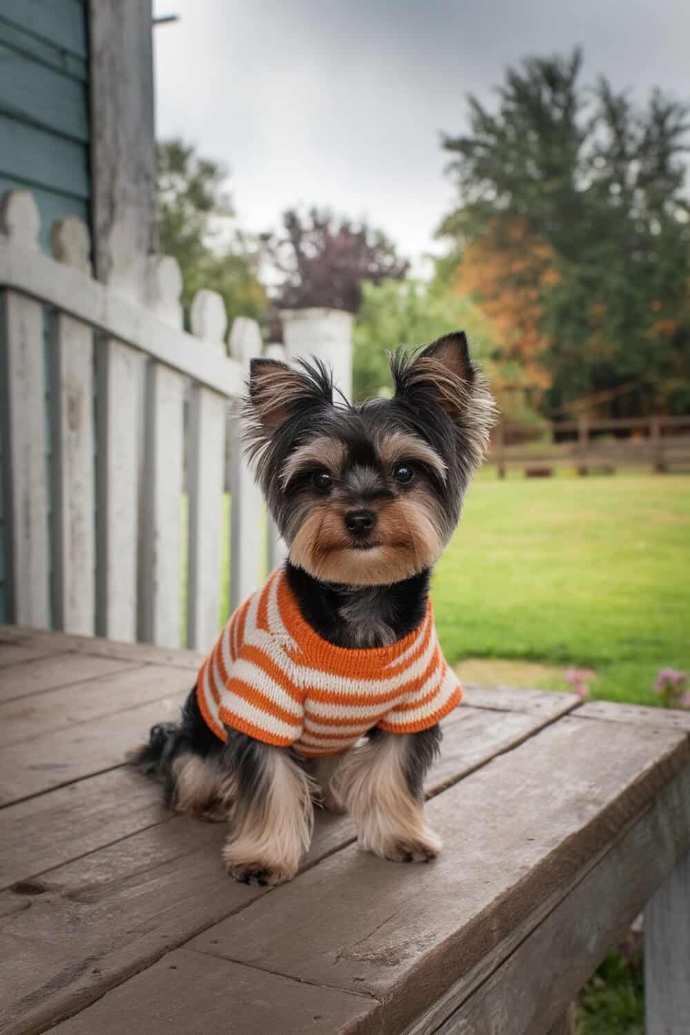 Yorkshire Terrier in a striped sweater, showcasing a classic teddy bear cut.