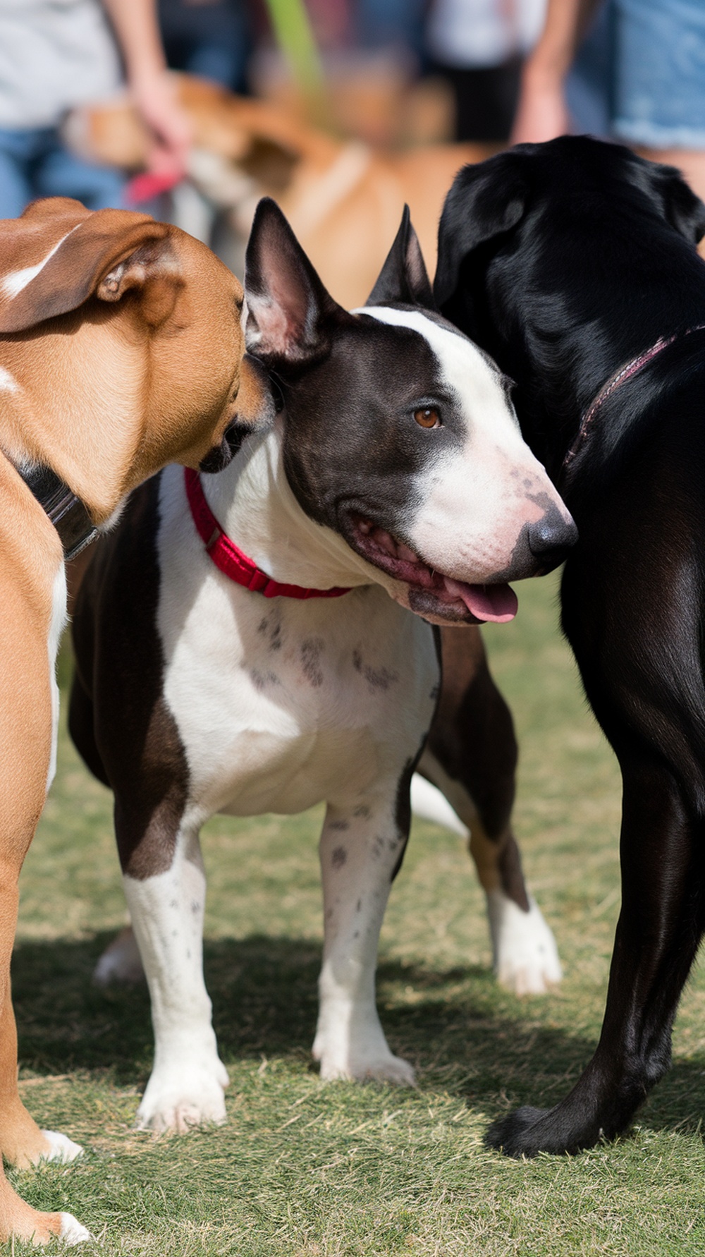 A group of dogs interacting in a park setting.