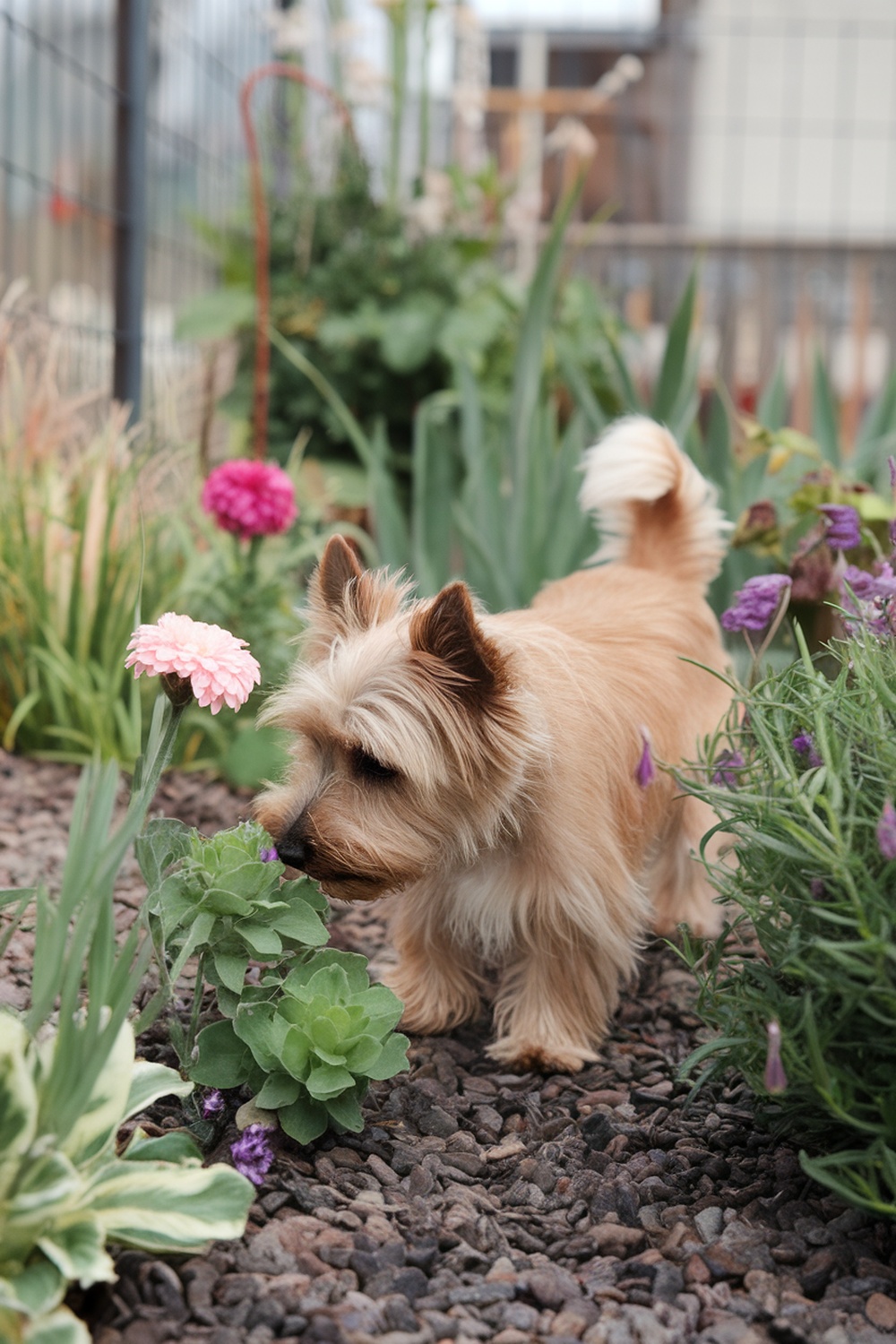 A Cairn Terrier exploring a garden, sniffing flowers and plants.