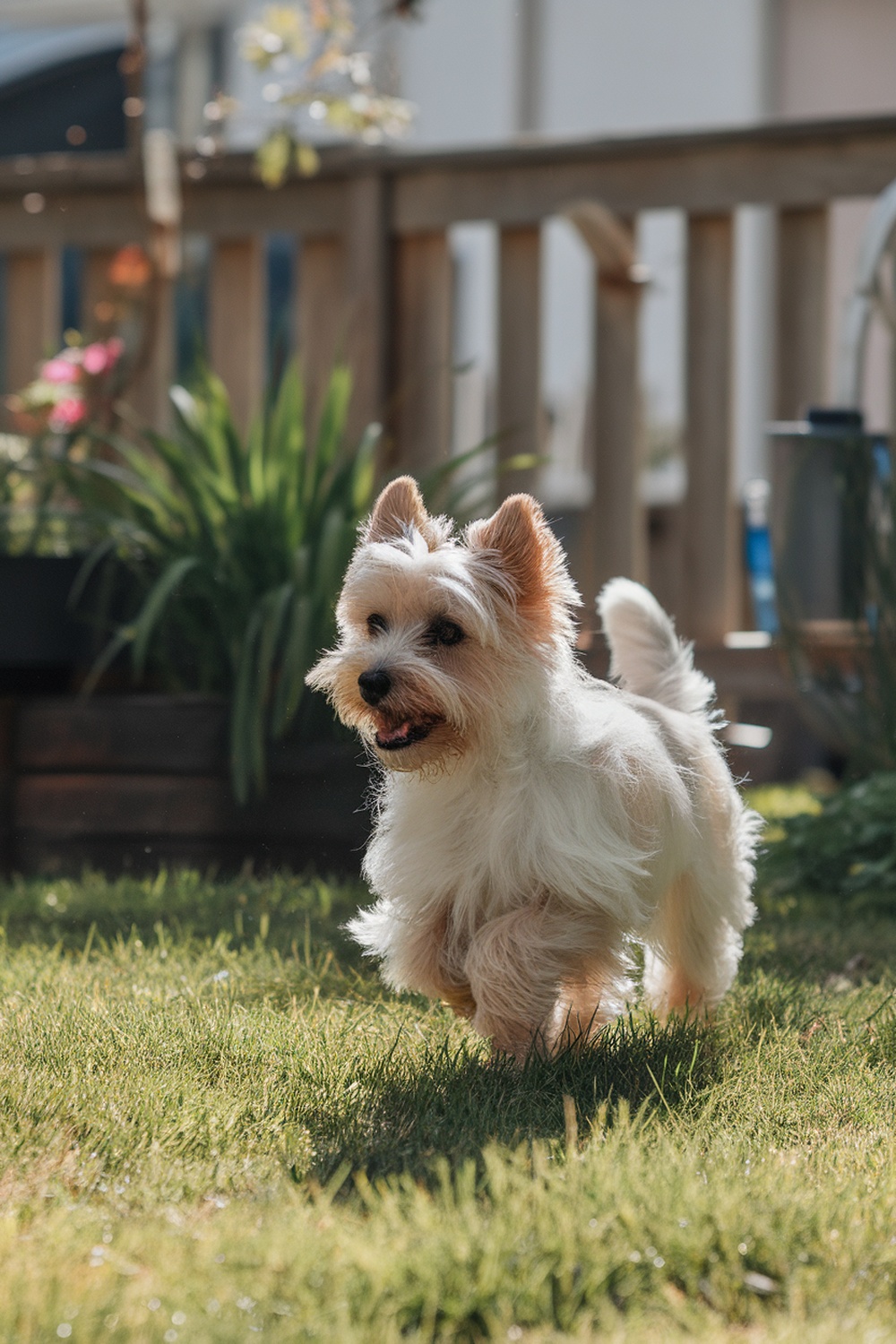 A playful Cairn Terrier running in a grassy yard.