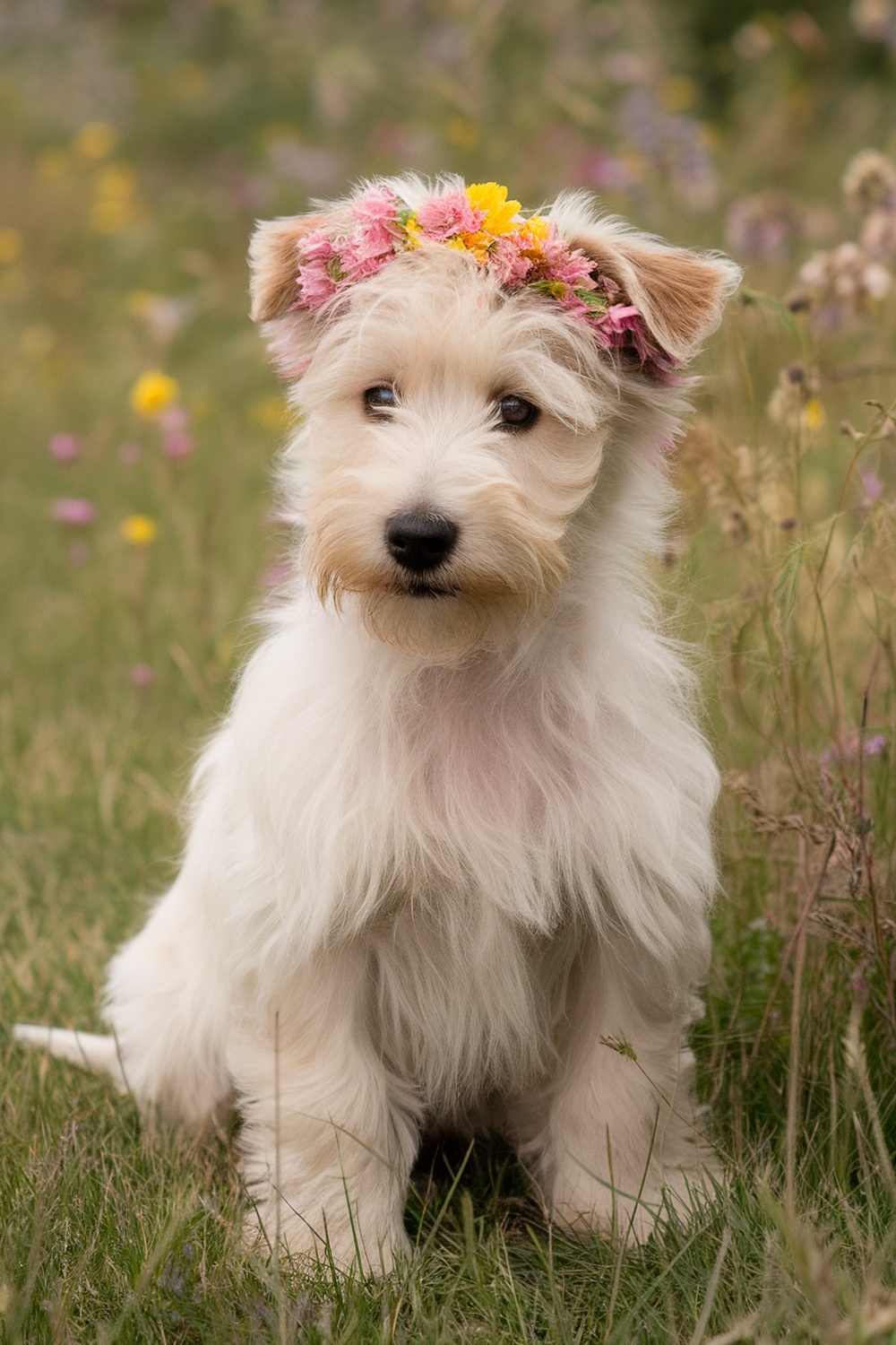 Wheaten Terrier puppy wearing a flower crown in a field of flowers.