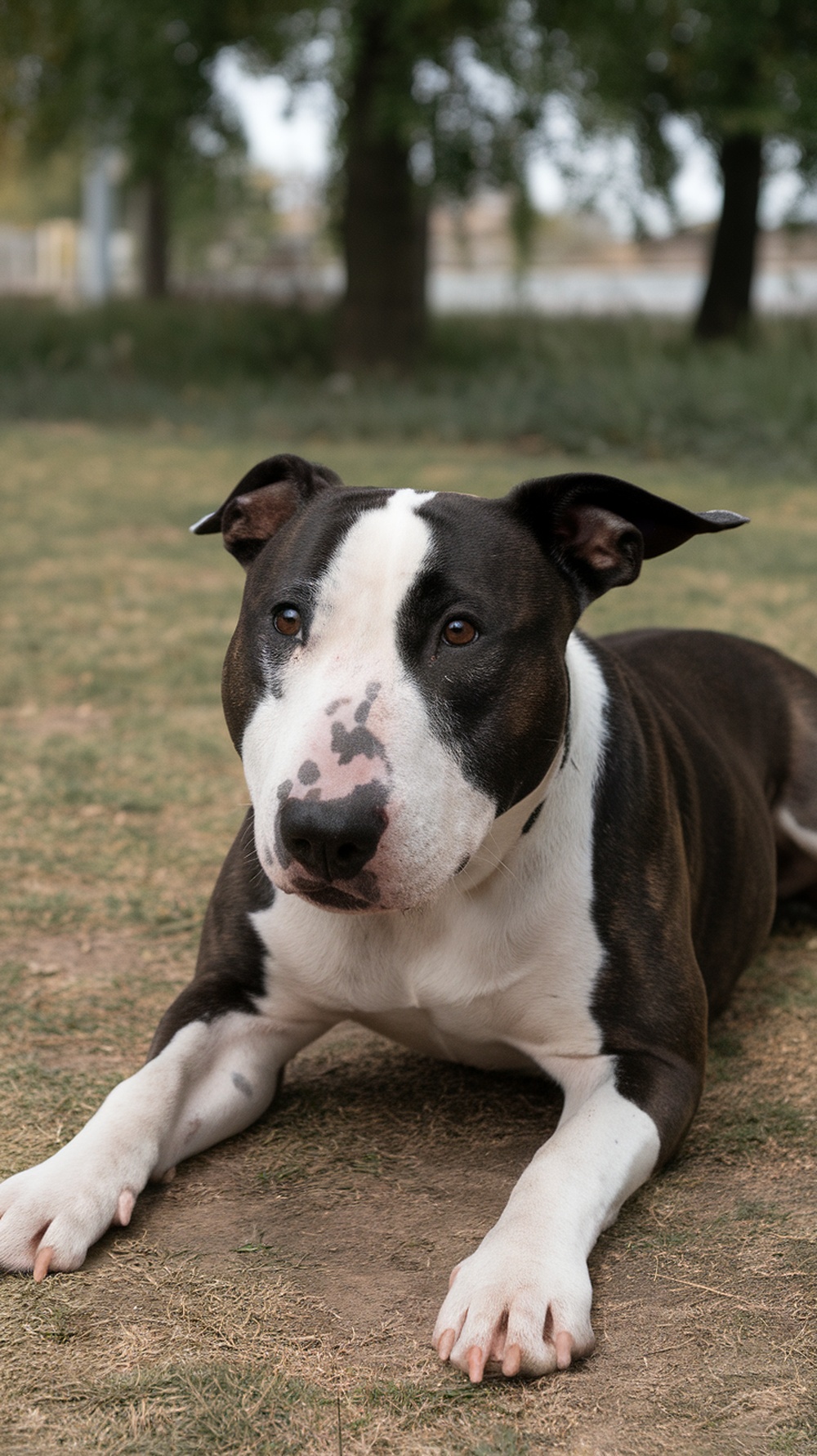 A close-up of an American Bull Terrier lying on the grass, looking alert and calm.