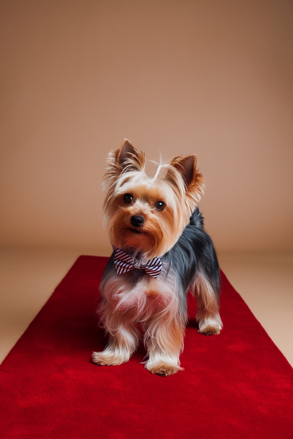 A Yorkshire Terrier wearing a bowtie on a red carpet.