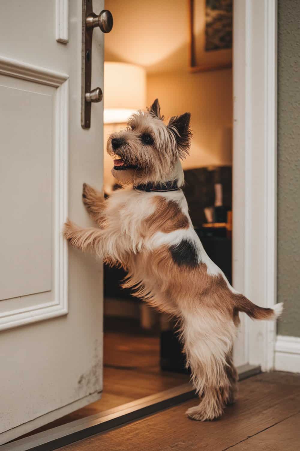 A Cairn Terrier standing at an open door, looking happy and friendly.