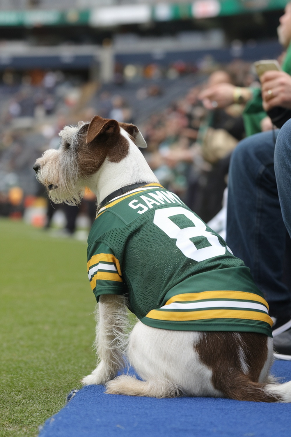 A spirited terrier named Sammy wearing a football jersey, sitting on the sidelines at a game.
