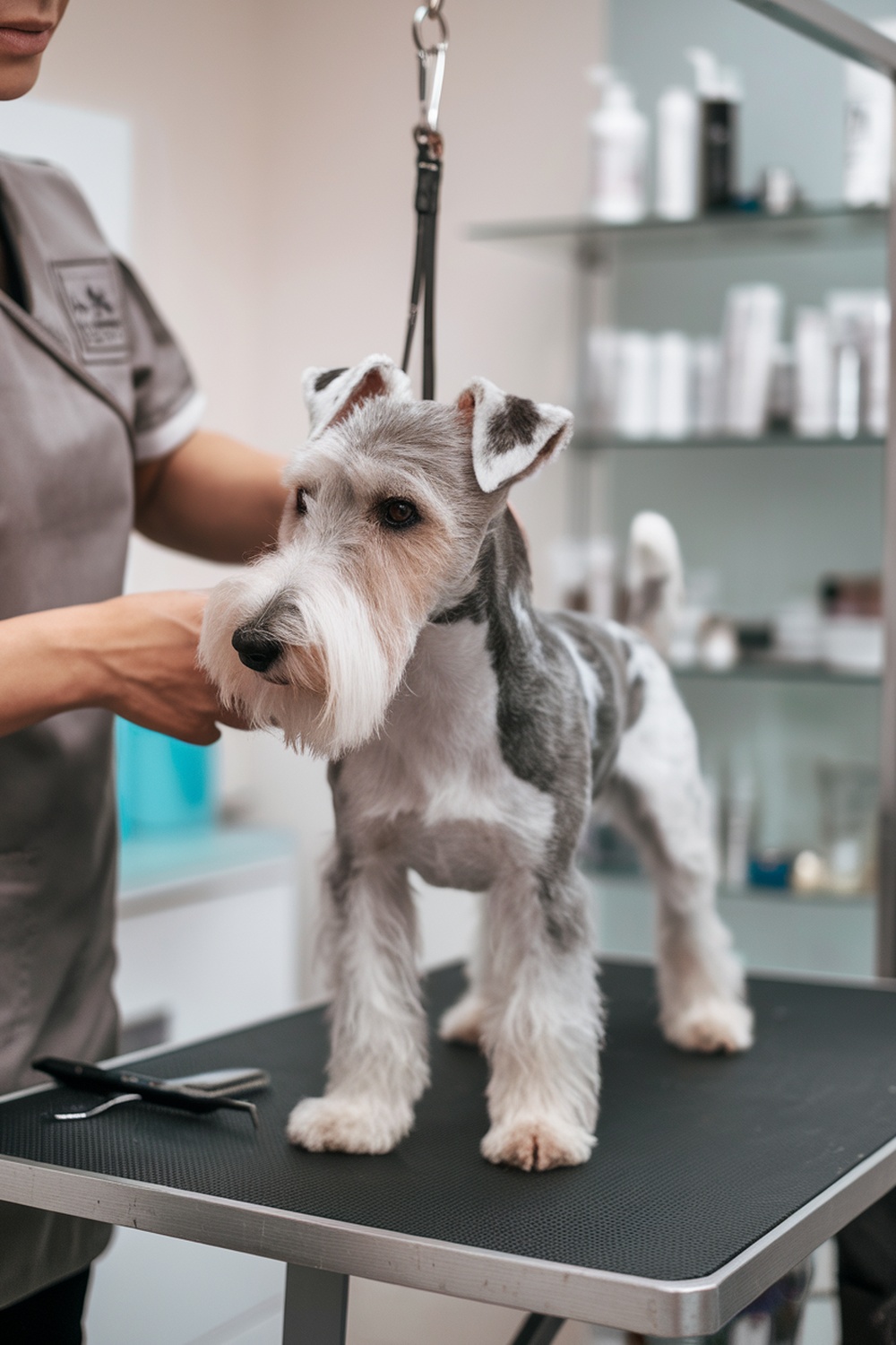 A Wire Fox Terrier being groomed by a professional in a grooming salon.