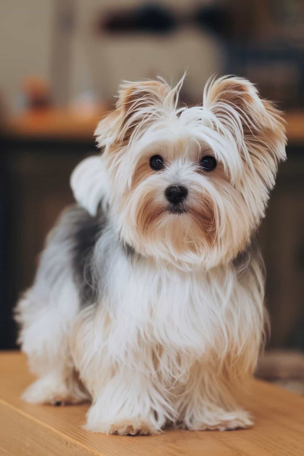 A Maltese Yorkie Mix (Morkie) with fluffy fur, standing on a wooden surface.