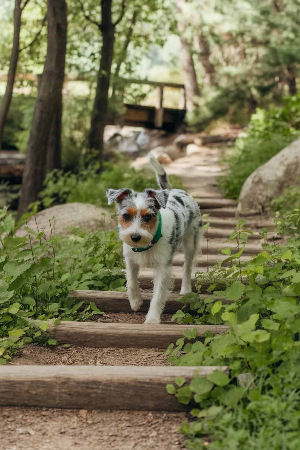 An Australian Terrier walking along a trail surrounded by greenery.
