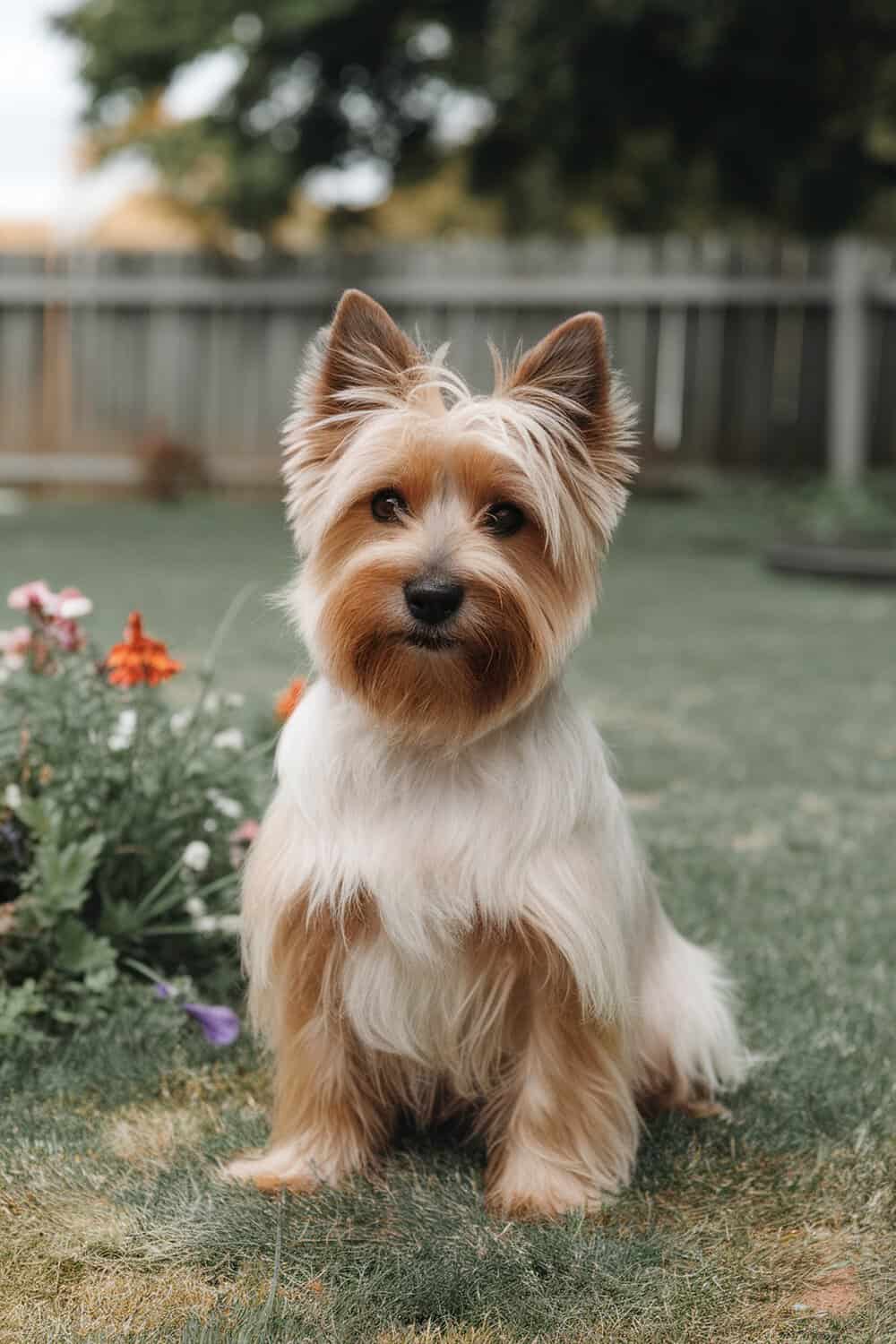 A Cairn Terrier sitting in a garden with flowers.