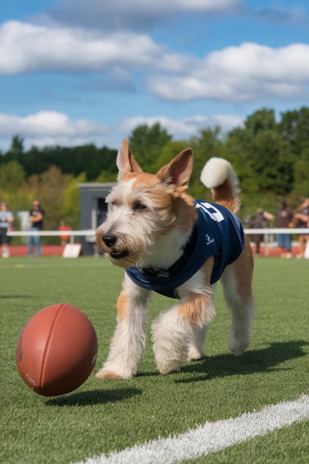 A Smooth Fox Terrier in a jersey running towards a football on a field.