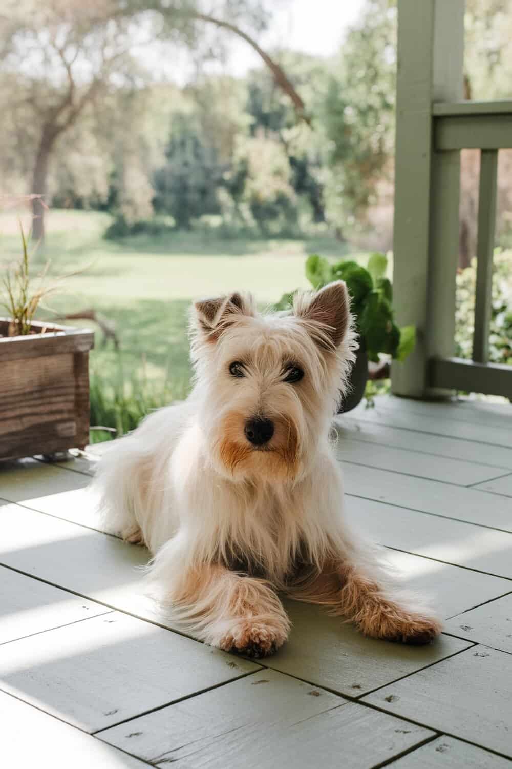 A gentle Irish Terrier with a soft coat lying on a porch.