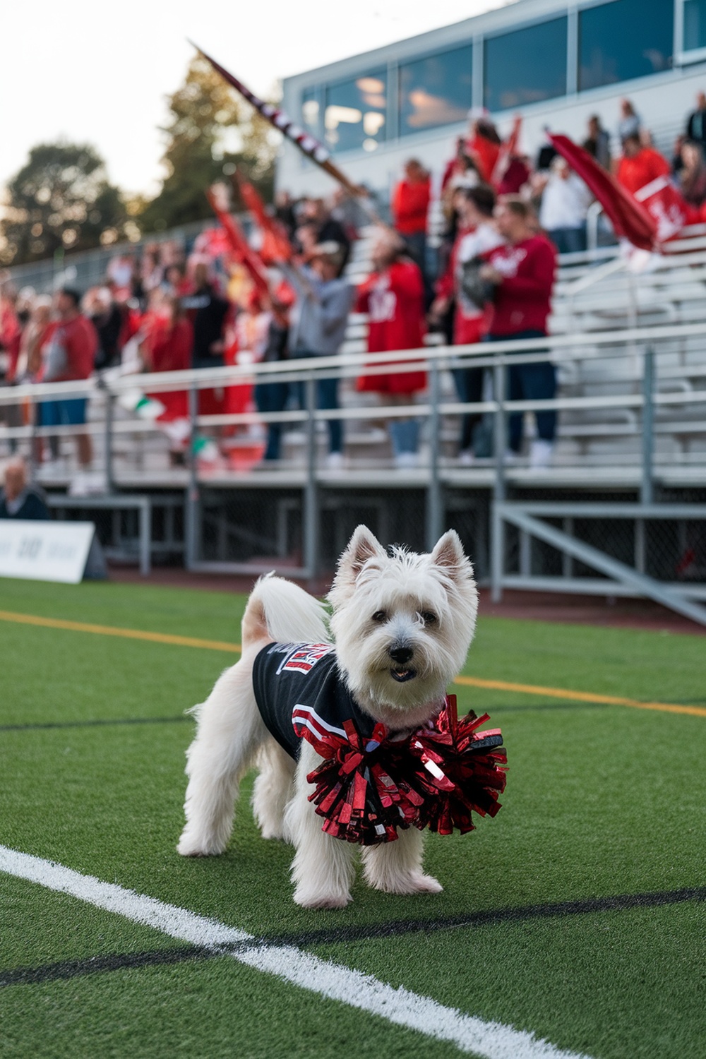 A West Highland White Terrier wearing a cheerleader outfit with pom-poms, standing on a football field.