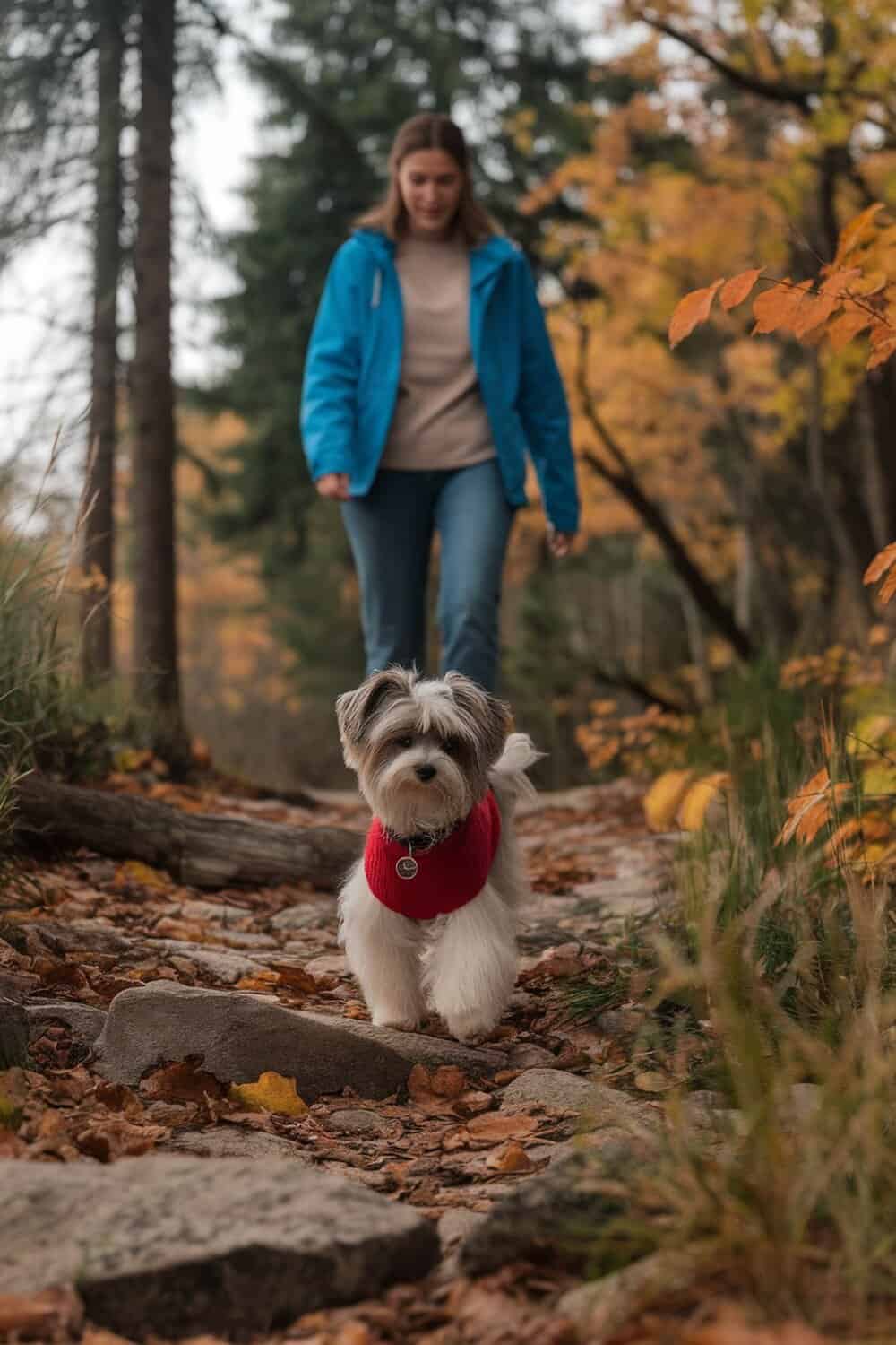 A Morkie walking on a trail with a person in a blue jacket.