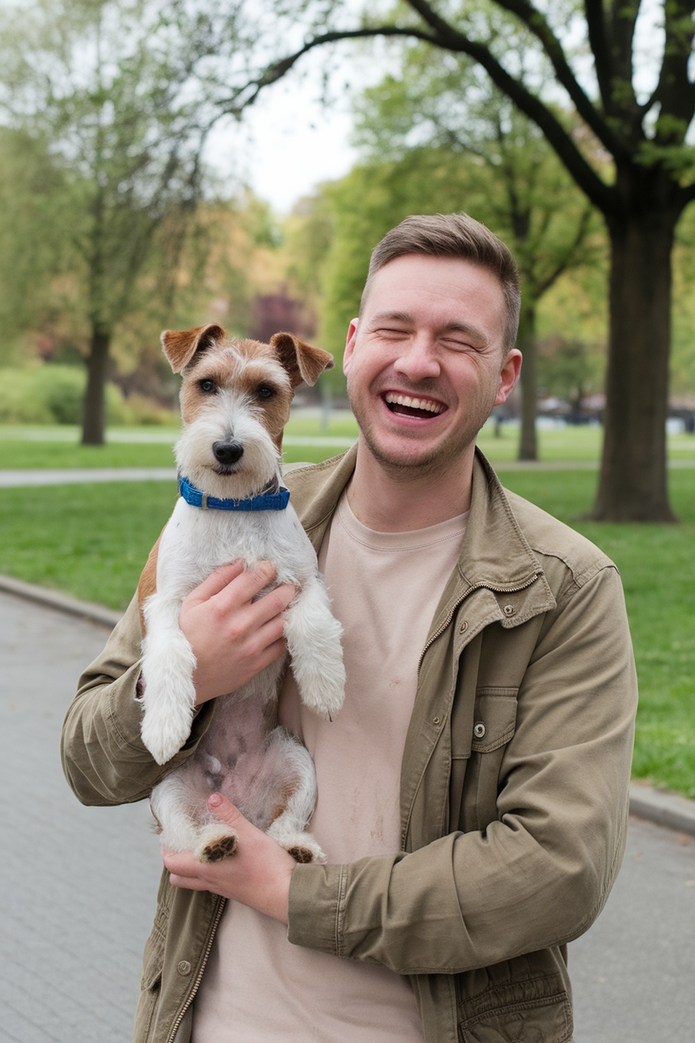 A happy man holding a Wire Fox Terrier in a park, both smiling.