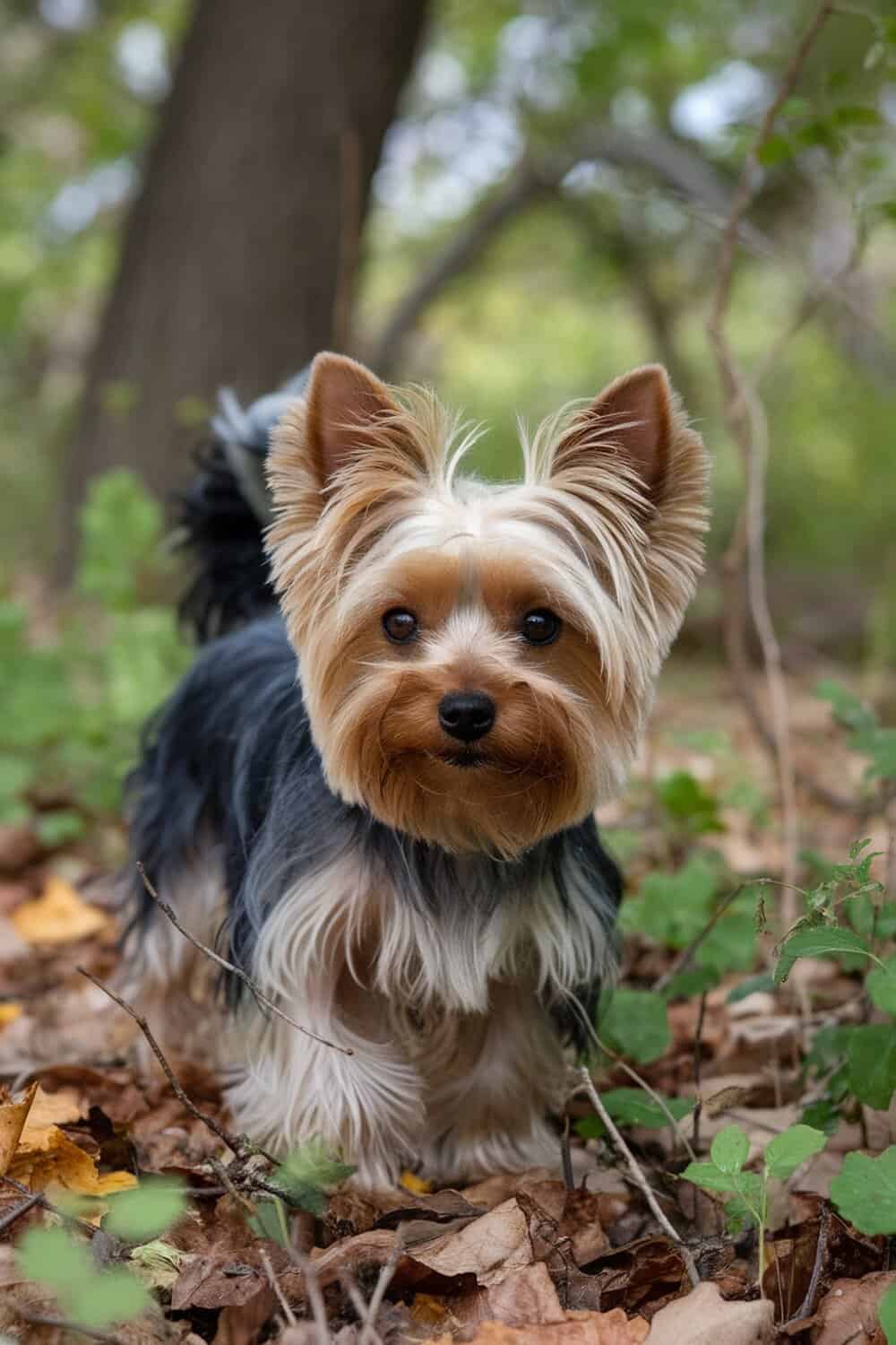 Yorkshire Terrier with a teddy bear cut in a natural setting