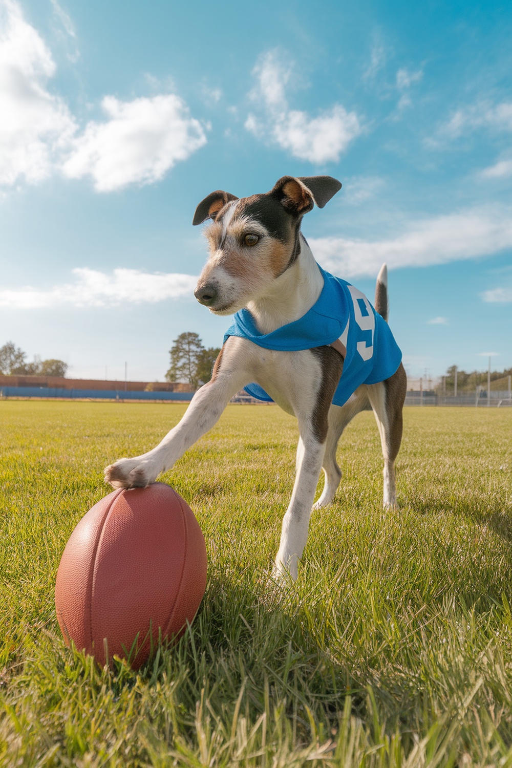 A spirited terrier dog in a blue jersey playing with a football on a grassy field.