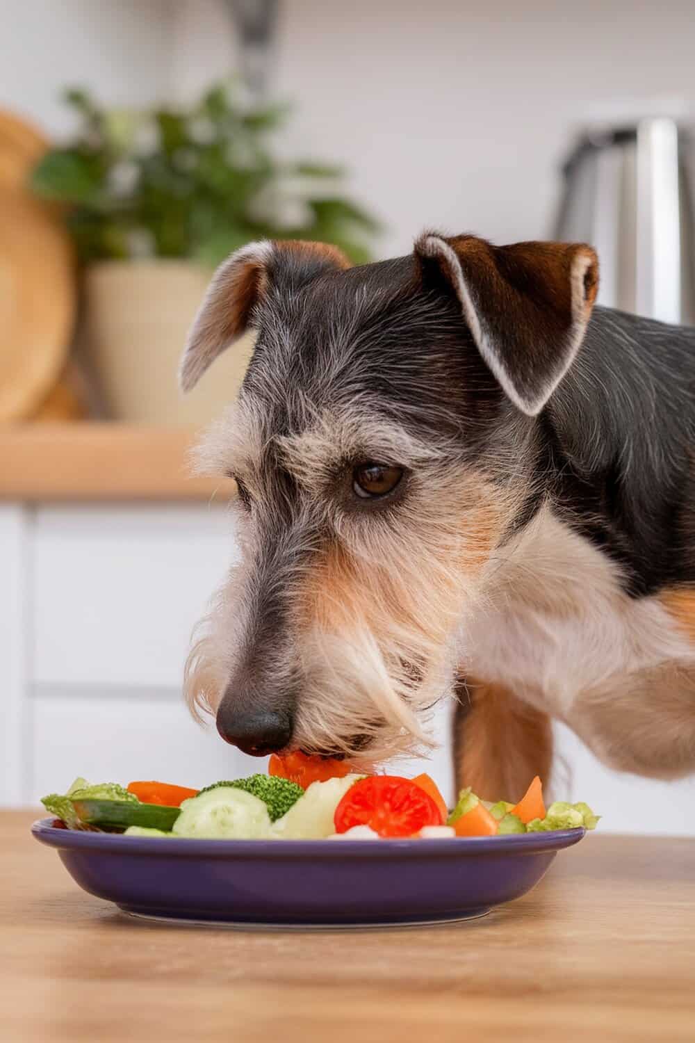 A Wire Fox Terrier eating a plate of fresh vegetables.