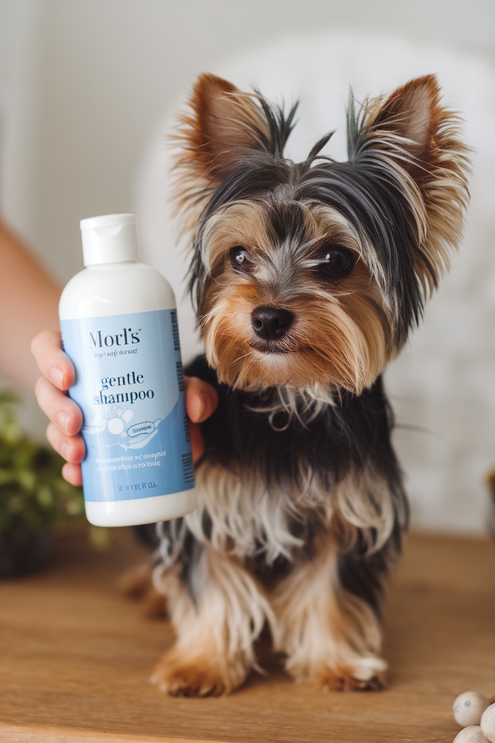 A Mini Yorkie with a bottle of gentle shampoo, showcasing the importance of caring for sensitive skin.