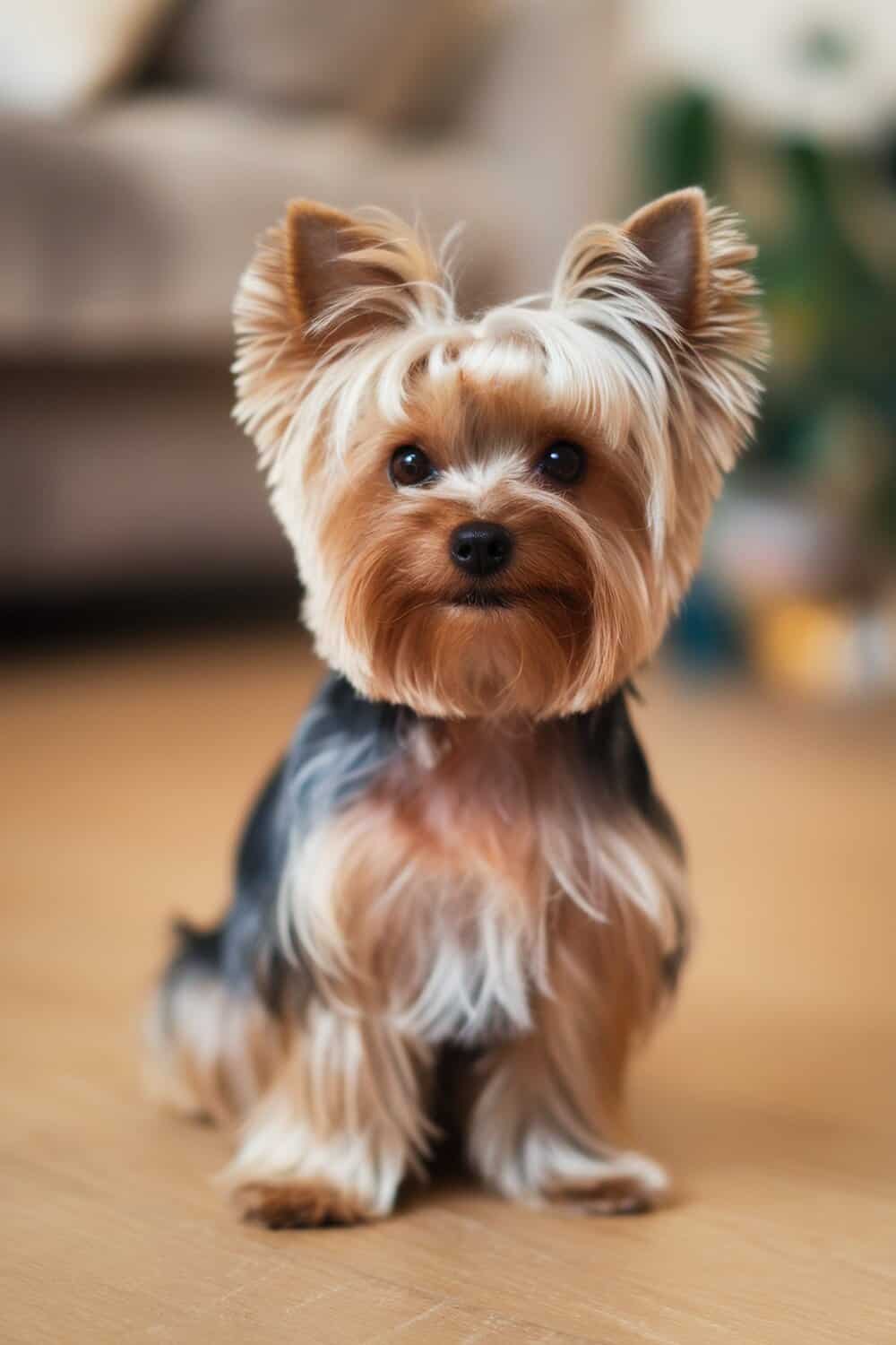 Yorkie with a textured teddy bear cut, looking cute and fluffy.