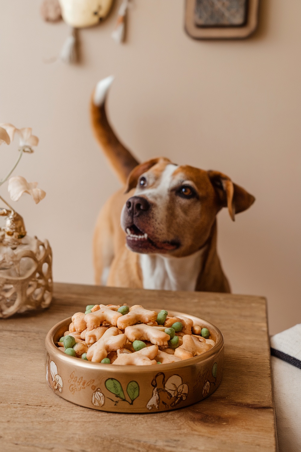 A dog looking at a bowl of chicken and sweet pea biscuits on a wooden table.