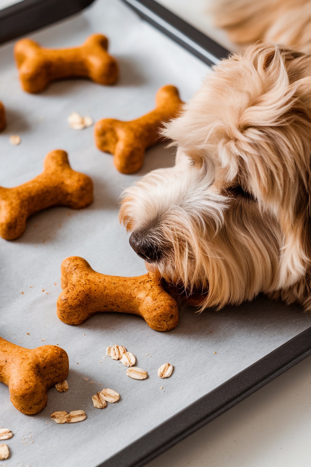 A dog enjoying a pumpkin and oatmeal chew treat with more treats on a baking tray.