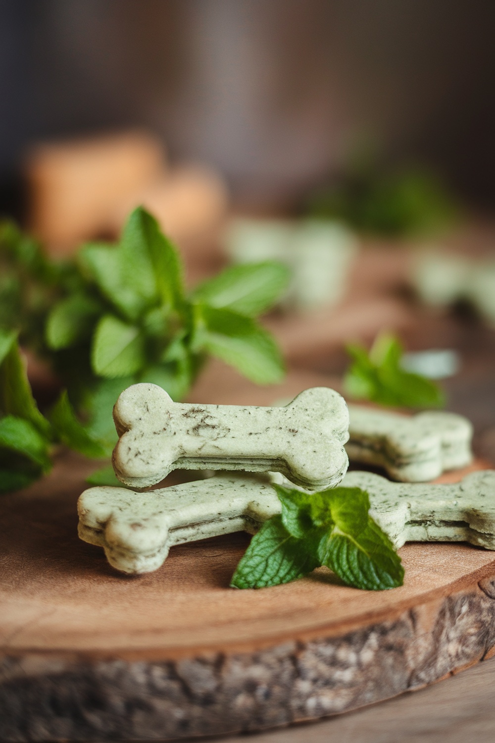 Minty dog treats shaped like bones, surrounded by fresh mint leaves on a wooden surface.