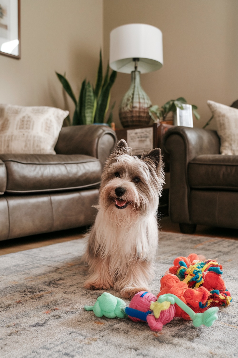 A Cairn Terrier sitting on a rug with colorful toys around it.