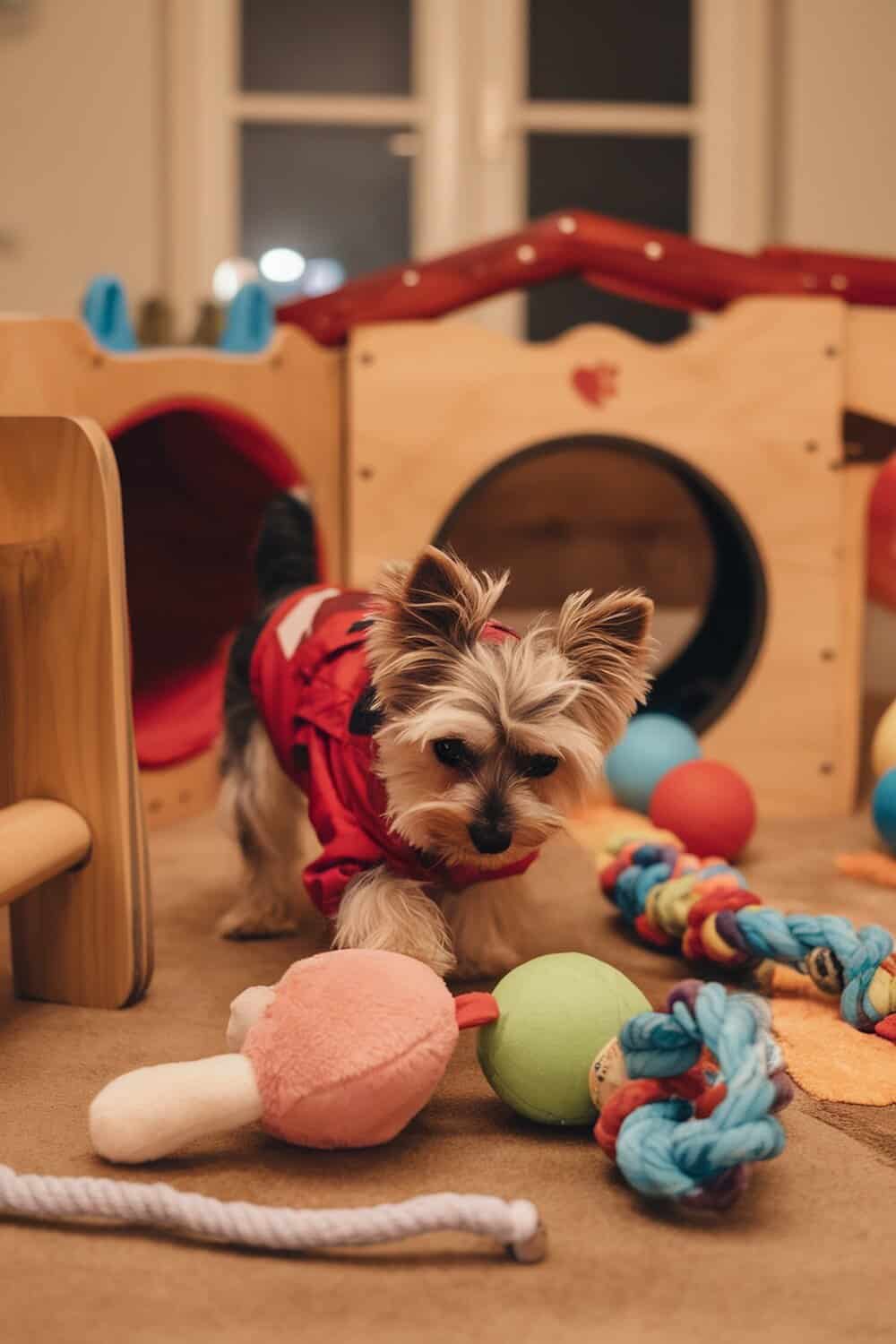A Mini Yorkie exploring a play area filled with colorful toys.