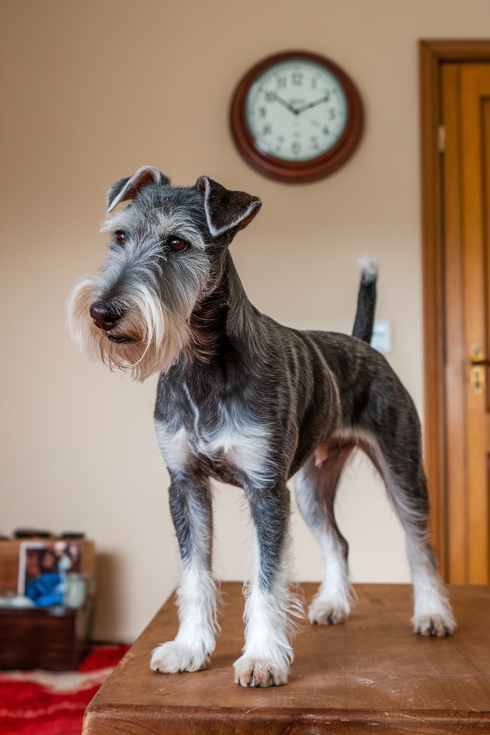 A Wire Fox Terrier standing on a table with a clock in the background.