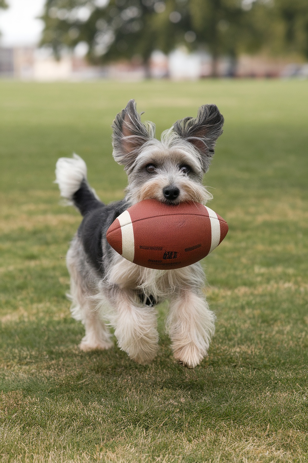 A spirited terrier dog running with a football in its mouth on a grassy field.