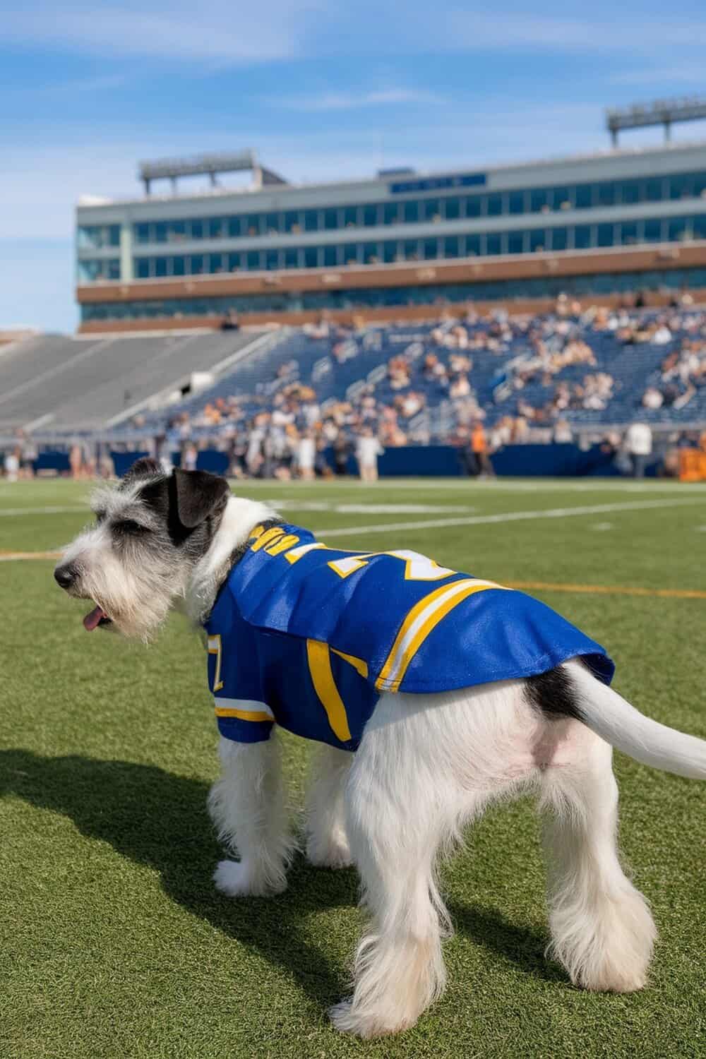 A terrier dog wearing a blue and yellow football jersey on a field.