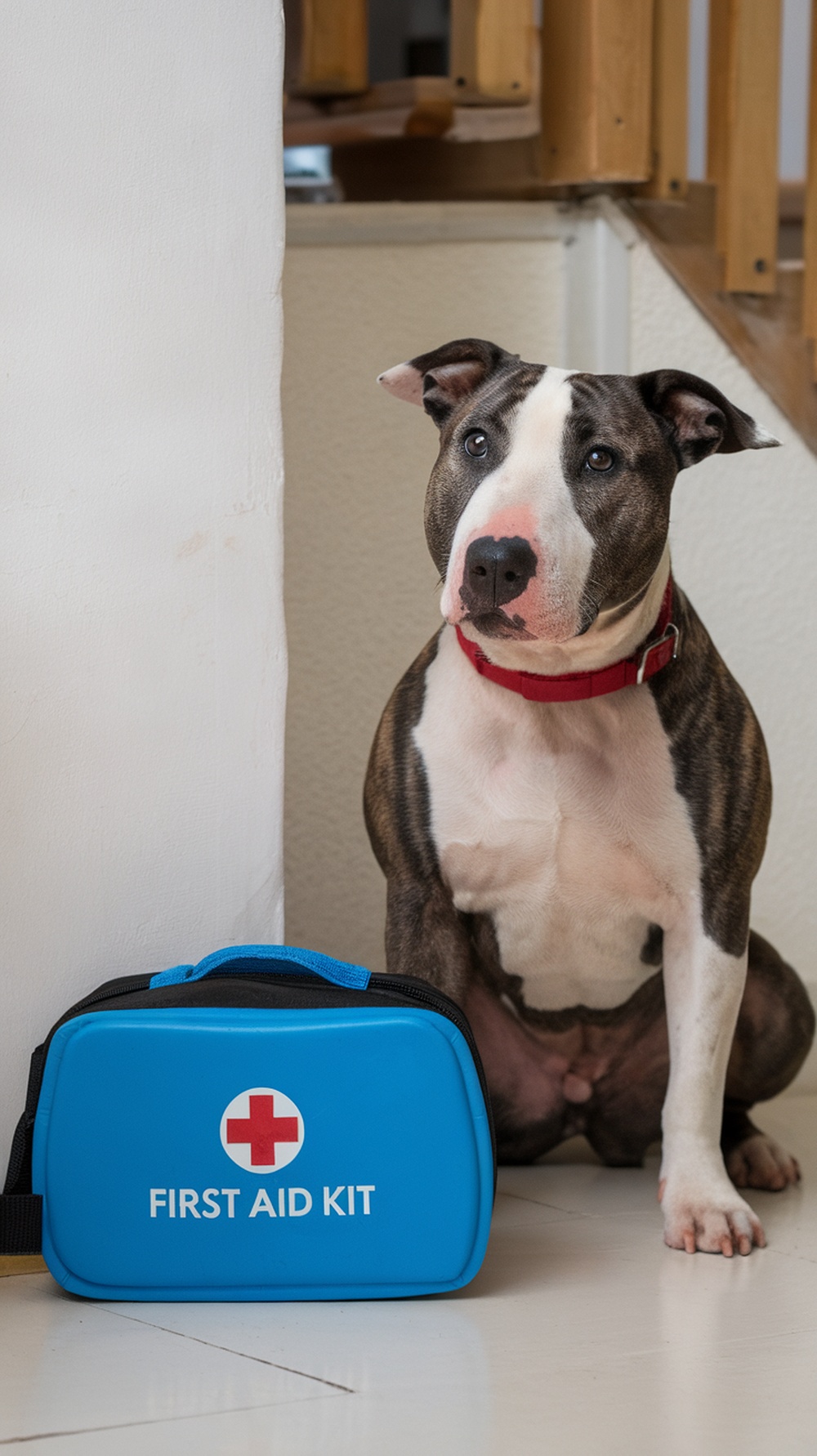 A first aid kit next to an American Bull Terrier.