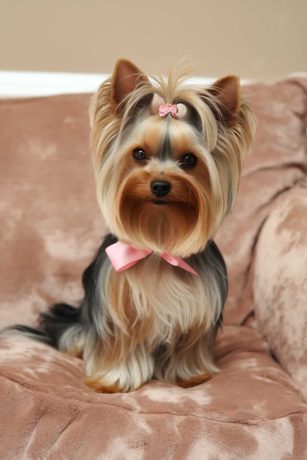 Yorkshire Terrier with a soft and silky teddy bear cut, wearing a pink bow, sitting on a plush surface.