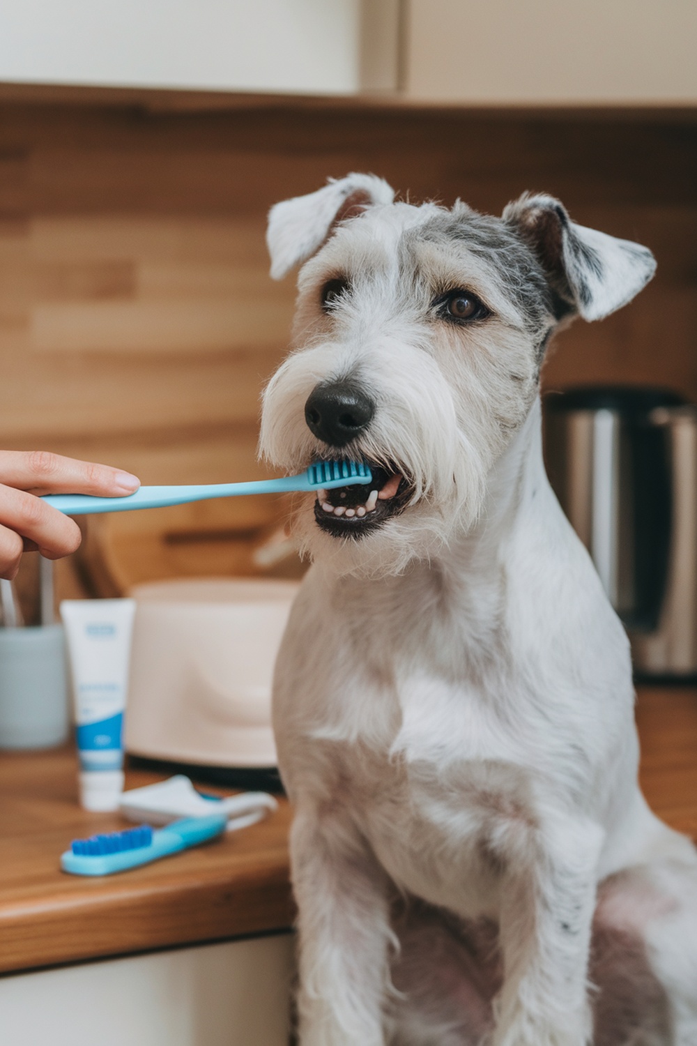 A Wire Fox Terrier getting its teeth brushed with a blue toothbrush.