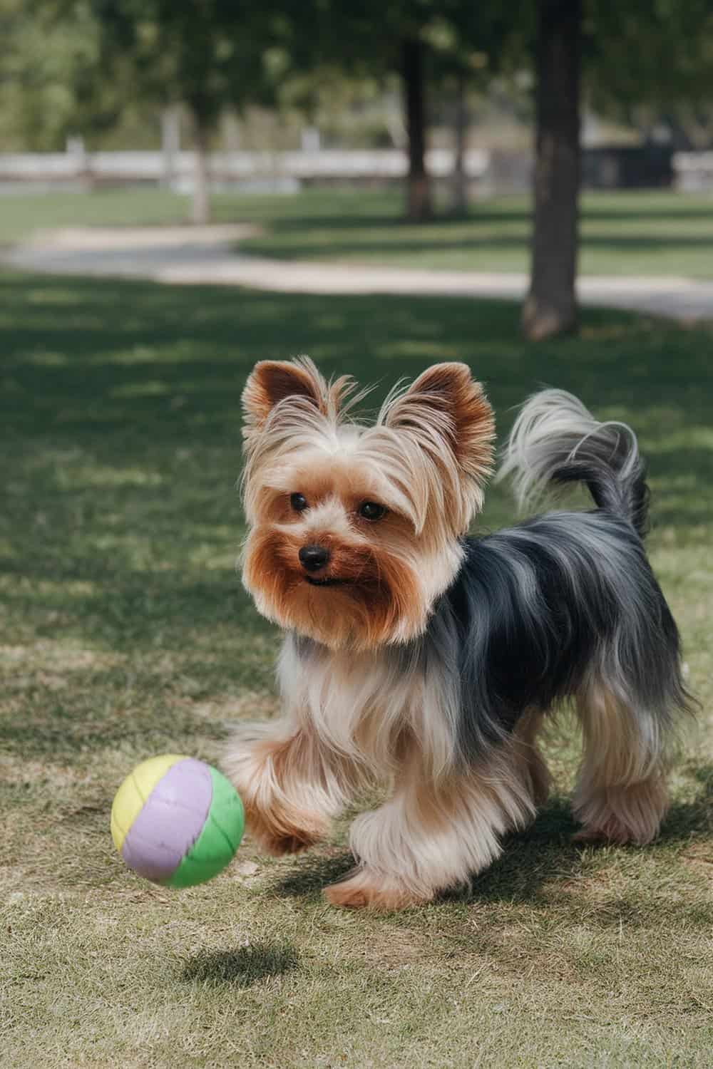 A Yorkie playing with a colorful ball in a park.