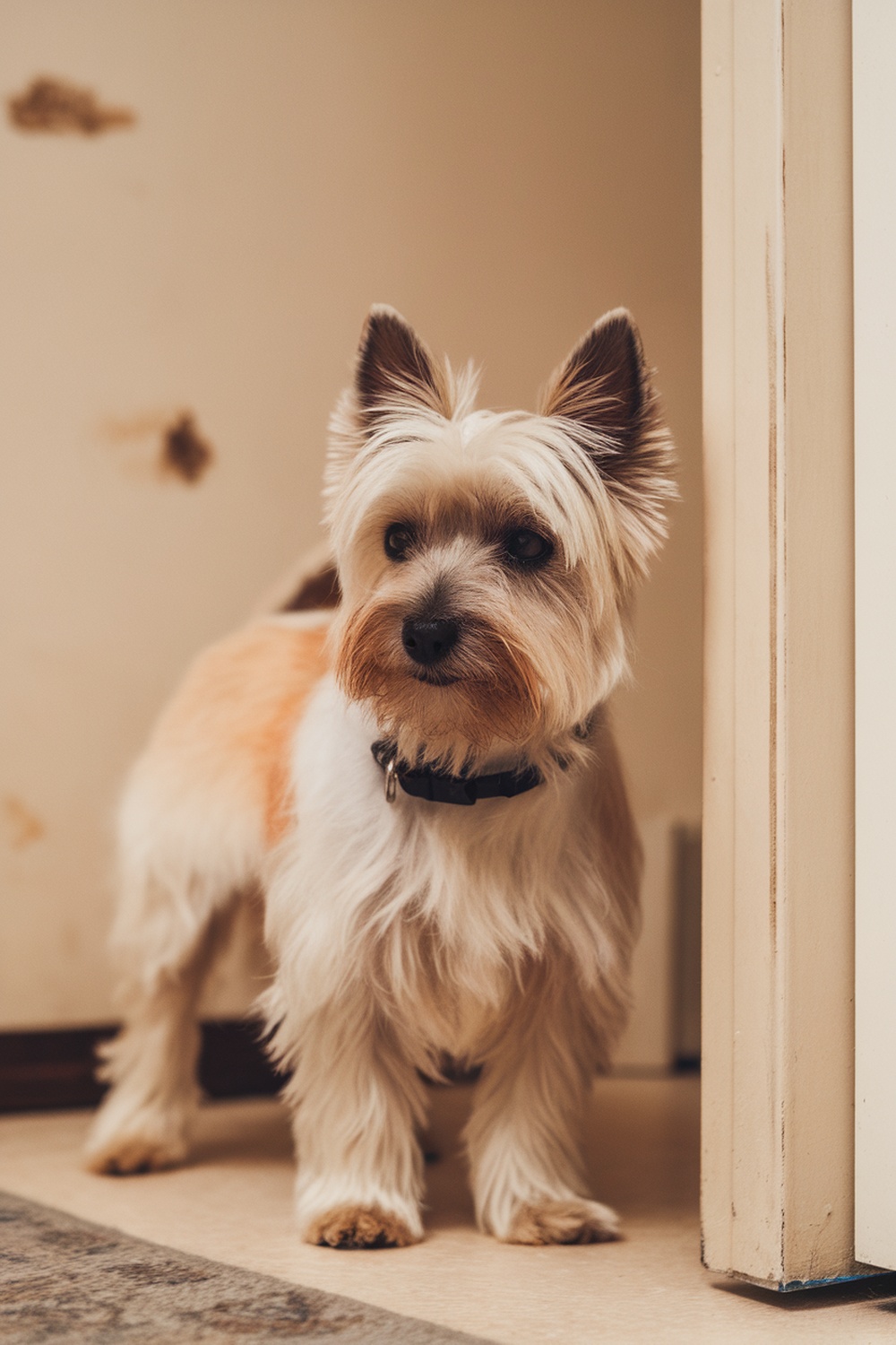 A Cairn Terrier standing at a doorway, looking alert and curious.