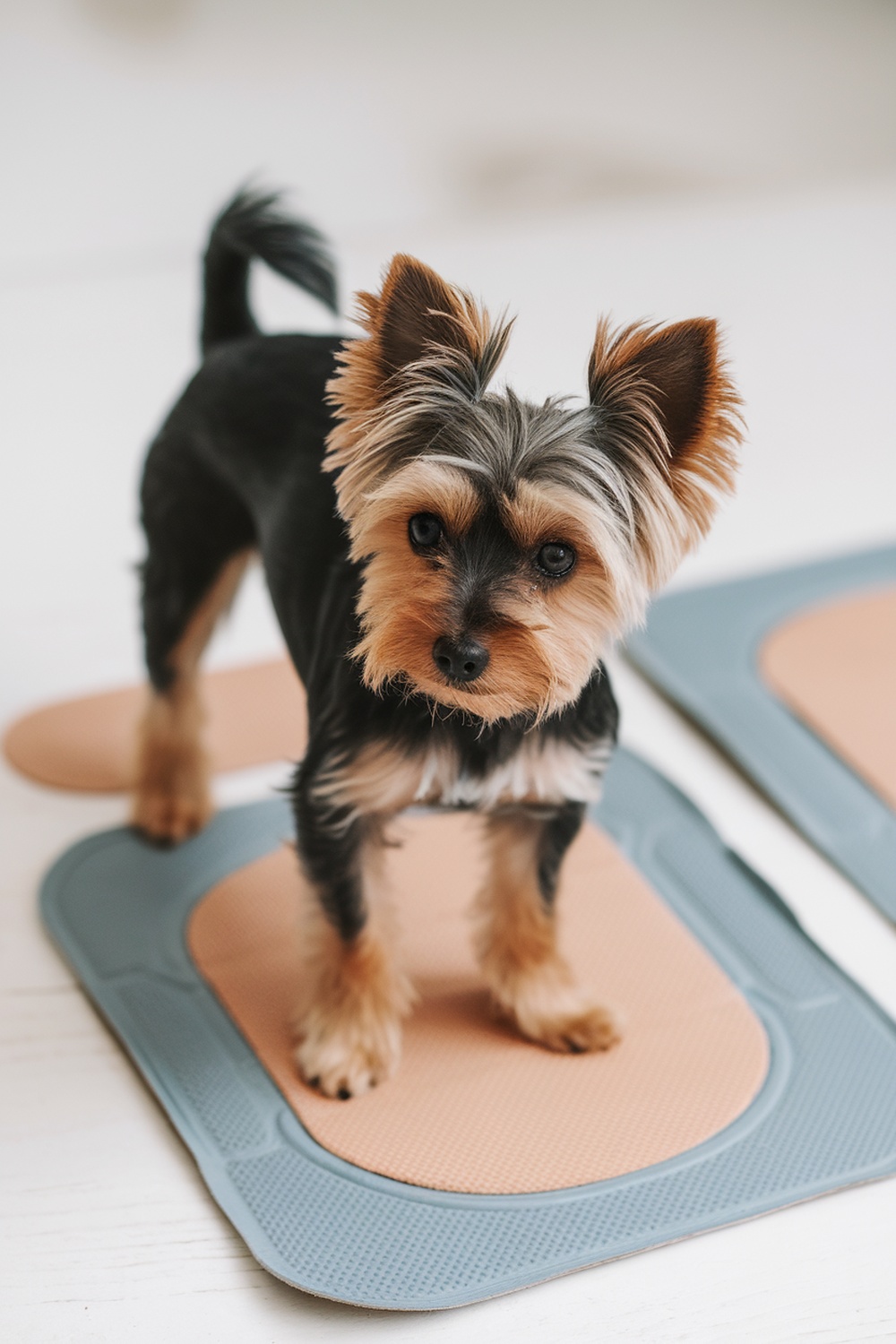 A Mini Yorkie standing on puppy pads, looking curious and attentive.