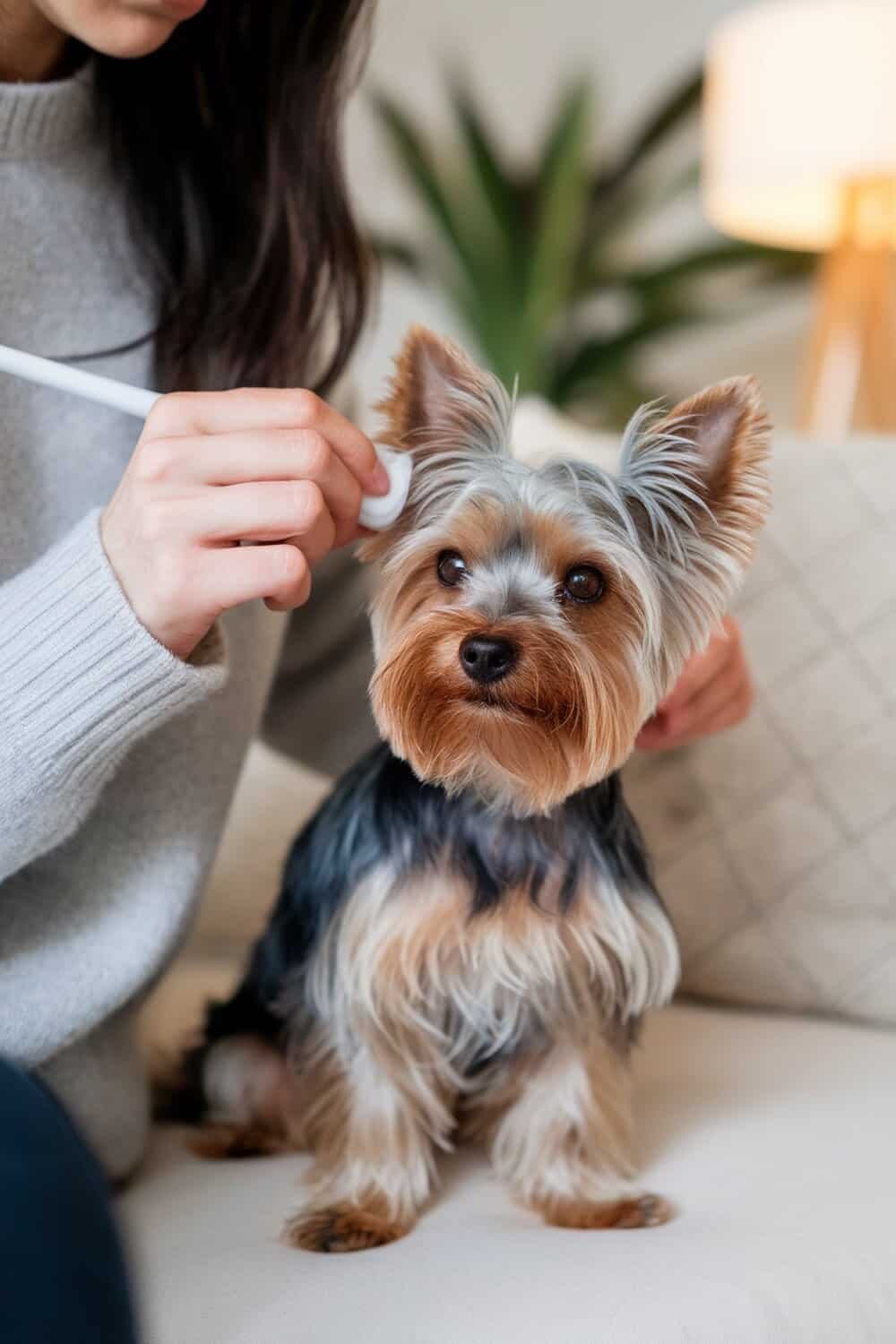 A person gently cleaning a Yorkshire Terrier's ear with a cotton ball.