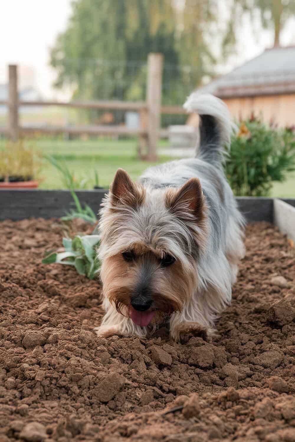 A Cairn Terrier exploring a garden bed.