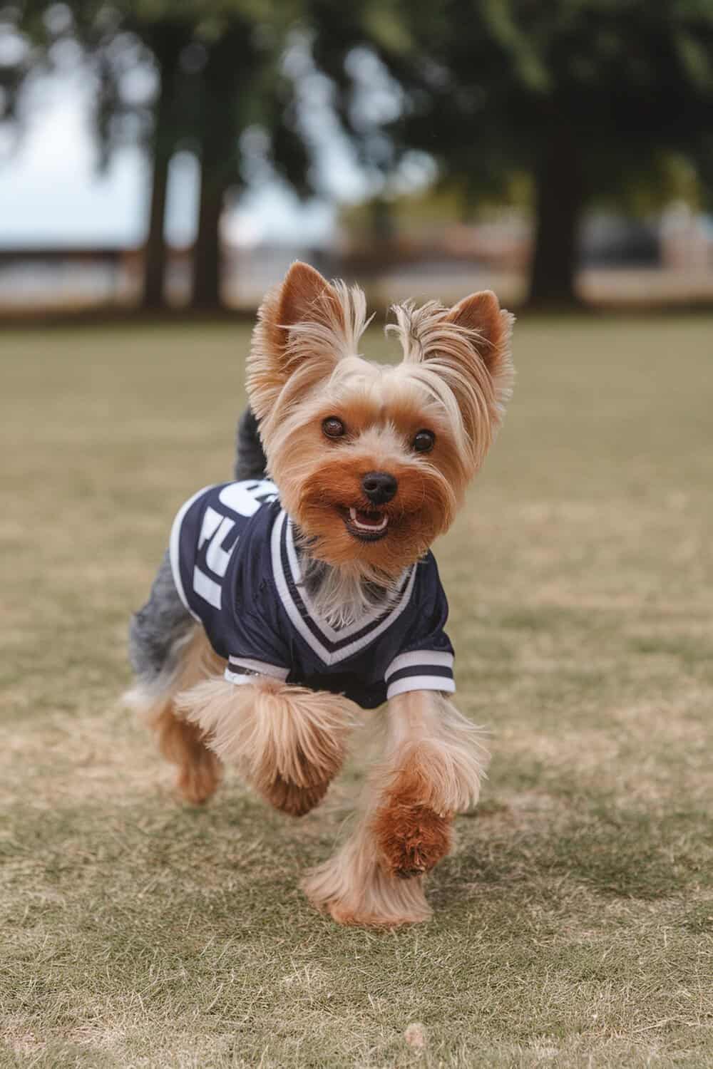 Yorkshire Terrier in a sporty outfit running on grass
