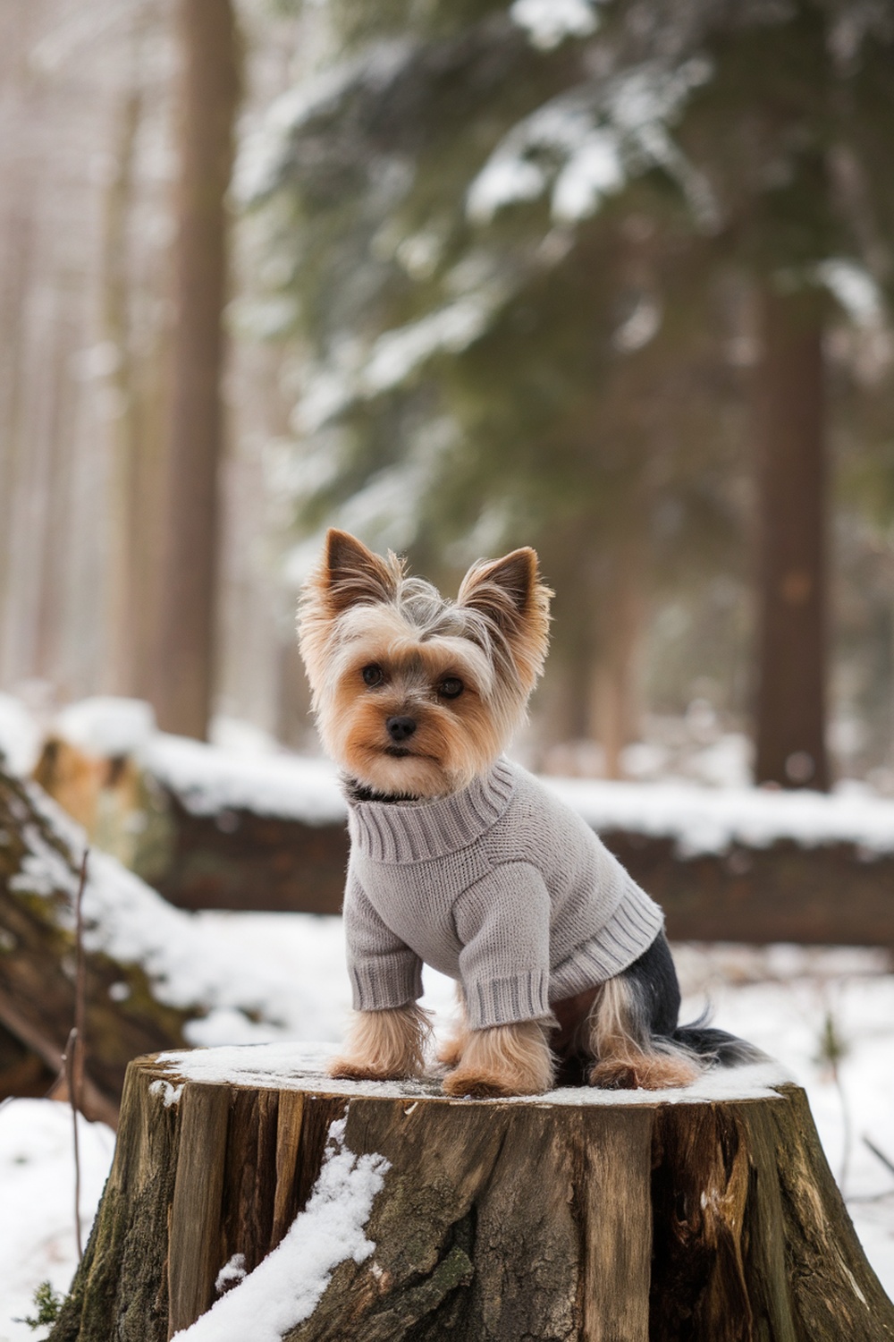 A Mini Yorkie wearing a cozy sweater sitting on a log in a snowy forest.